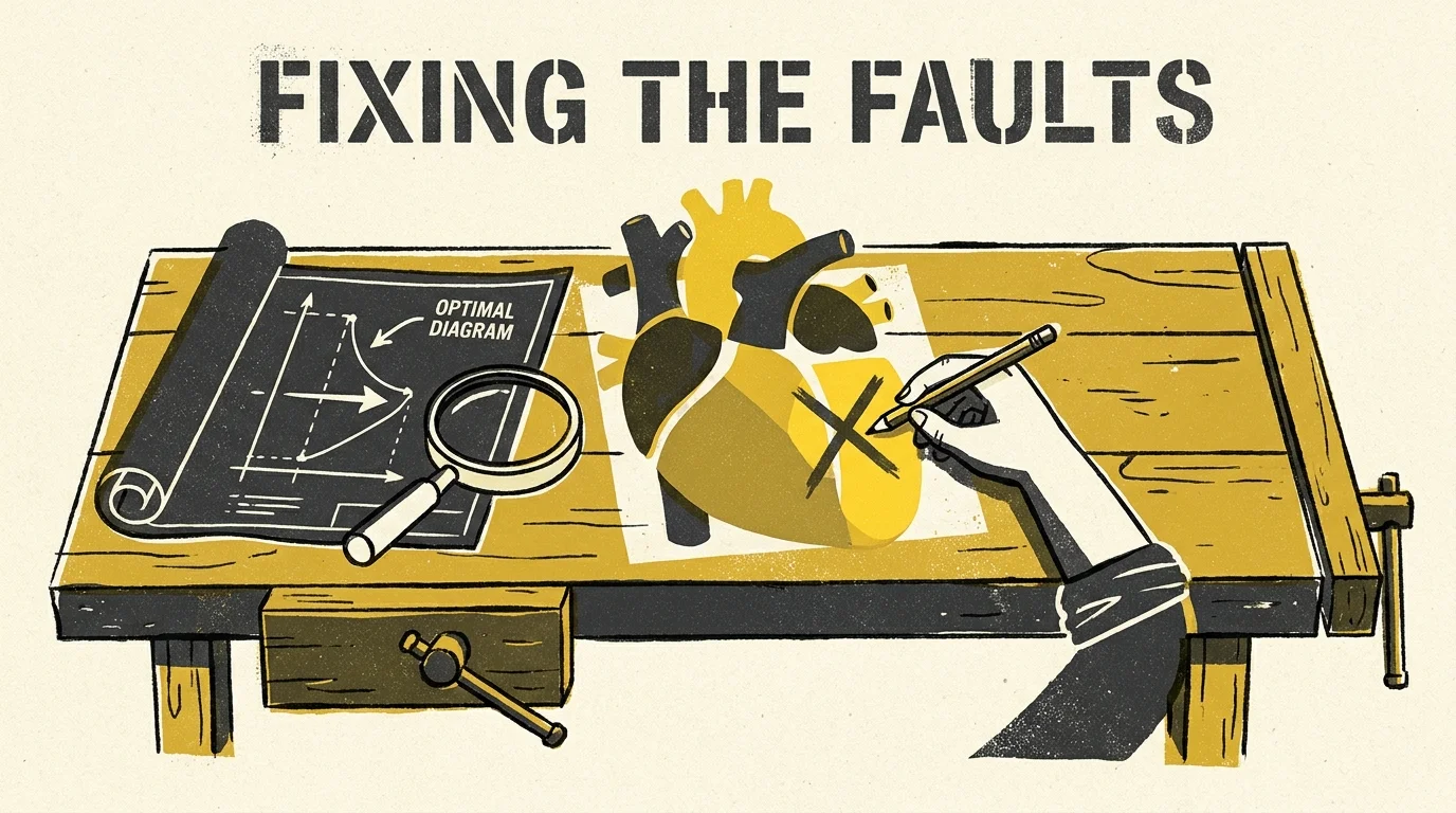 Screenprint illustration of a heart on a workbench being examined with tools and blueprints, symbolizing a 'fix-it project' approach.