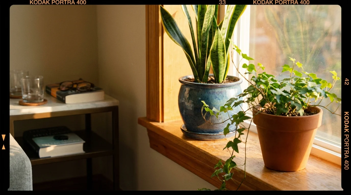 Two different types of plants growing separately on a sunny windowsill, symbolizing individual growth within a shared space.