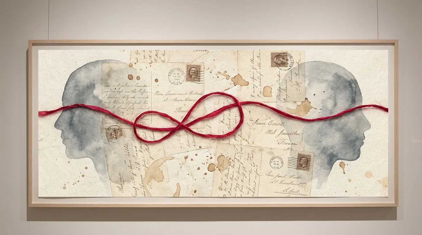 Two silhouettes connected by a red thread across a background of old letters, representing an emotional affair.