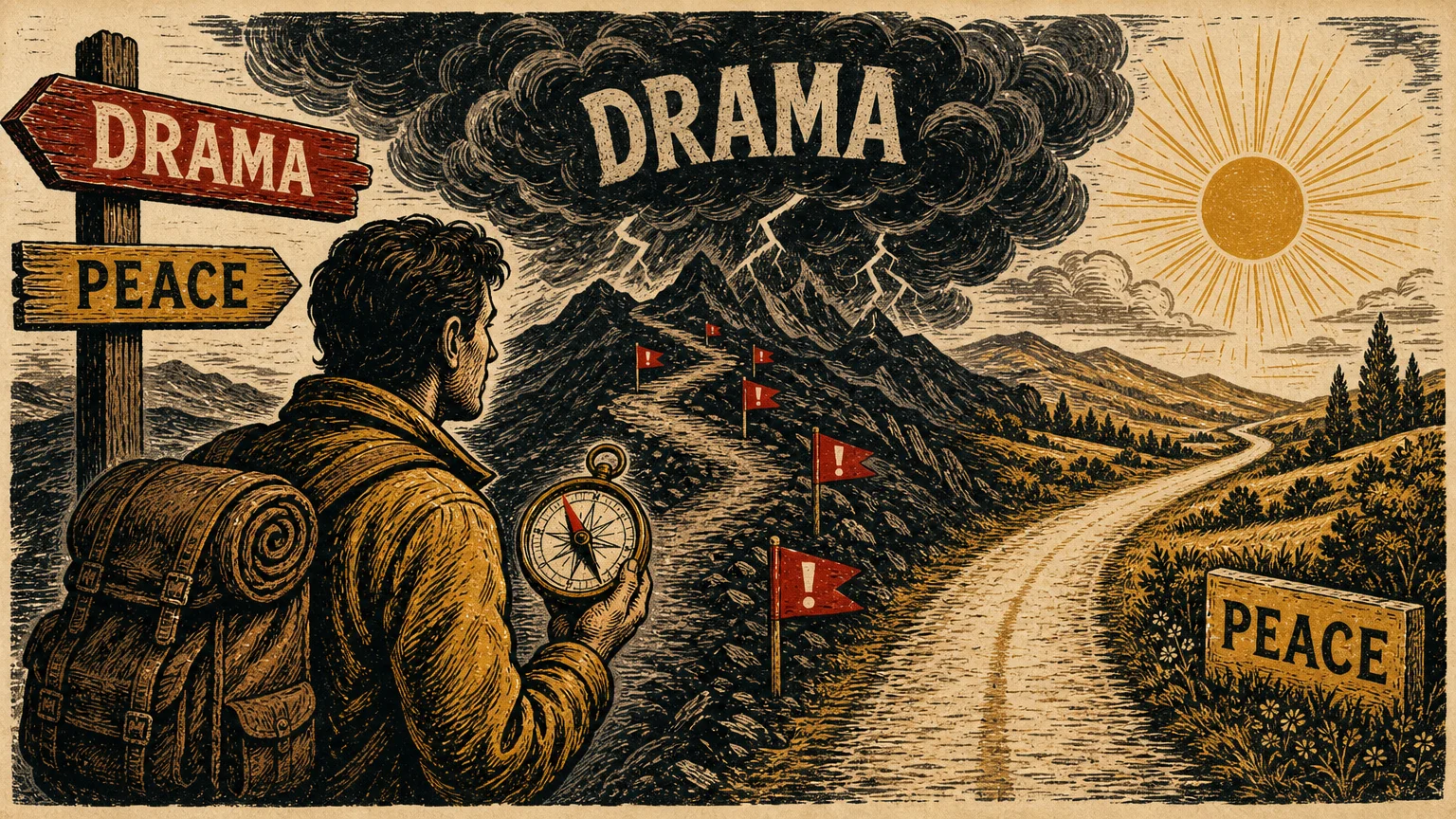 A block-print illustration of a traveler following a compass toward a storm, ignoring clear paths and red warning flags on the ground.
