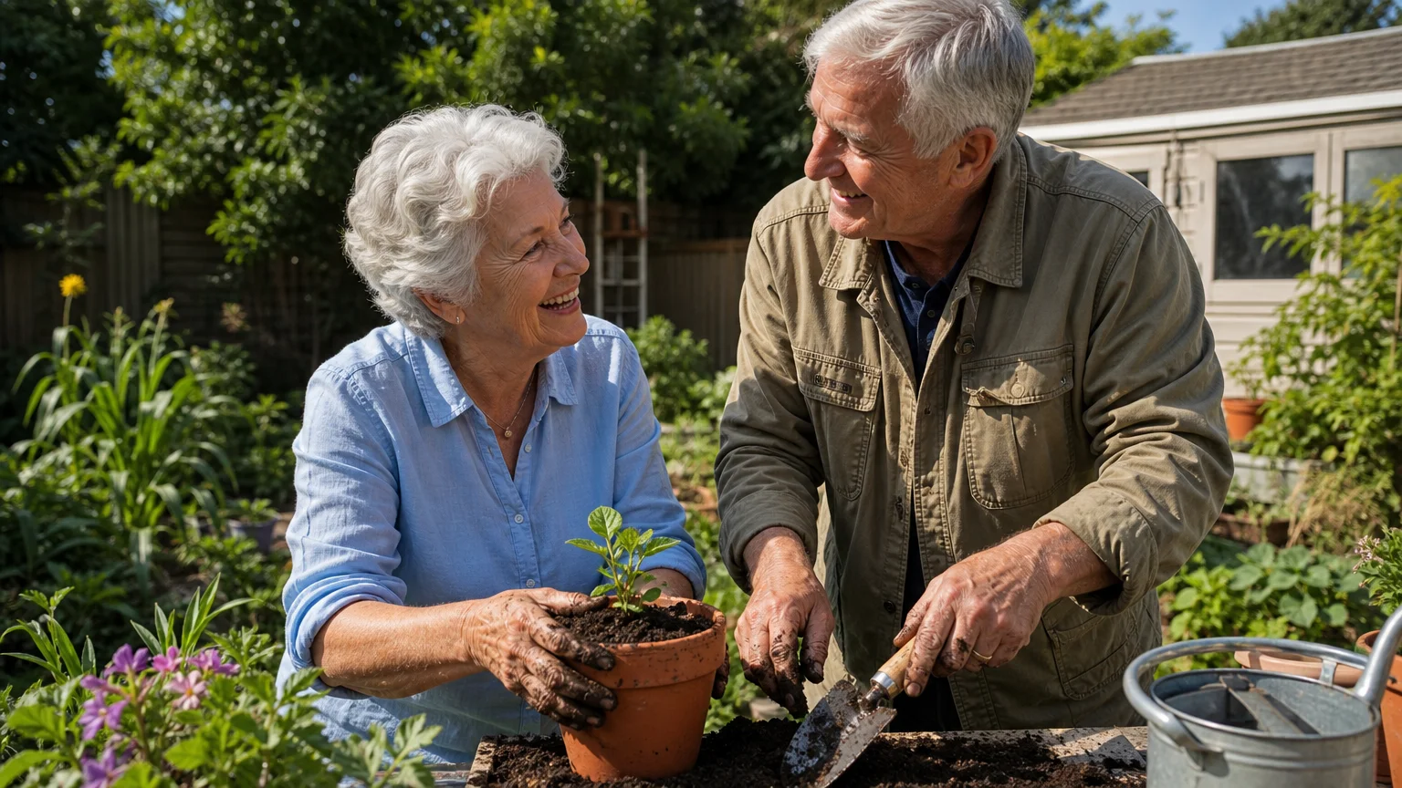 A candid photo of an active senior couple laughing and potting plants together in a sun-drenched backyard garden.