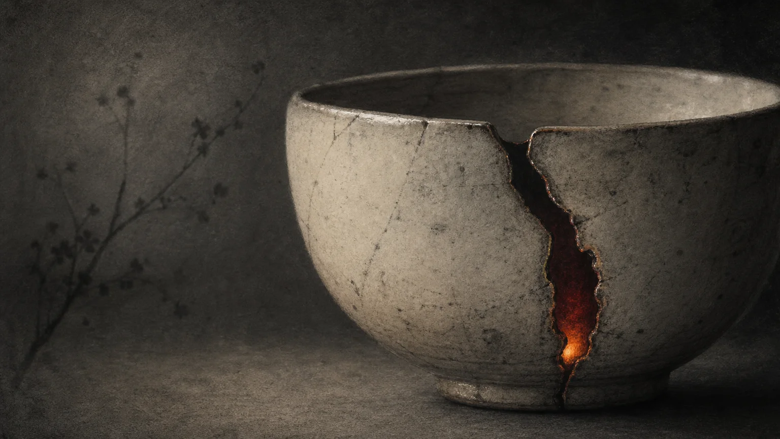 A charcoal illustration of a cracked ceramic bowl with a warm light glowing from within the deep fracture.