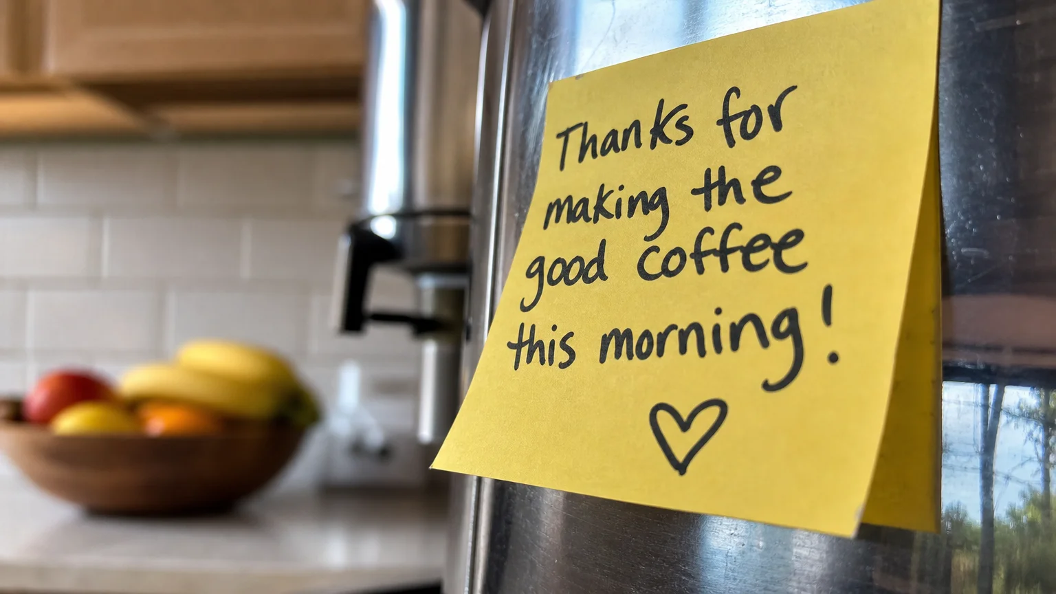 A close-up of a handwritten 'thank you' note on a yellow sticky note stuck to a kitchen coffee machine.