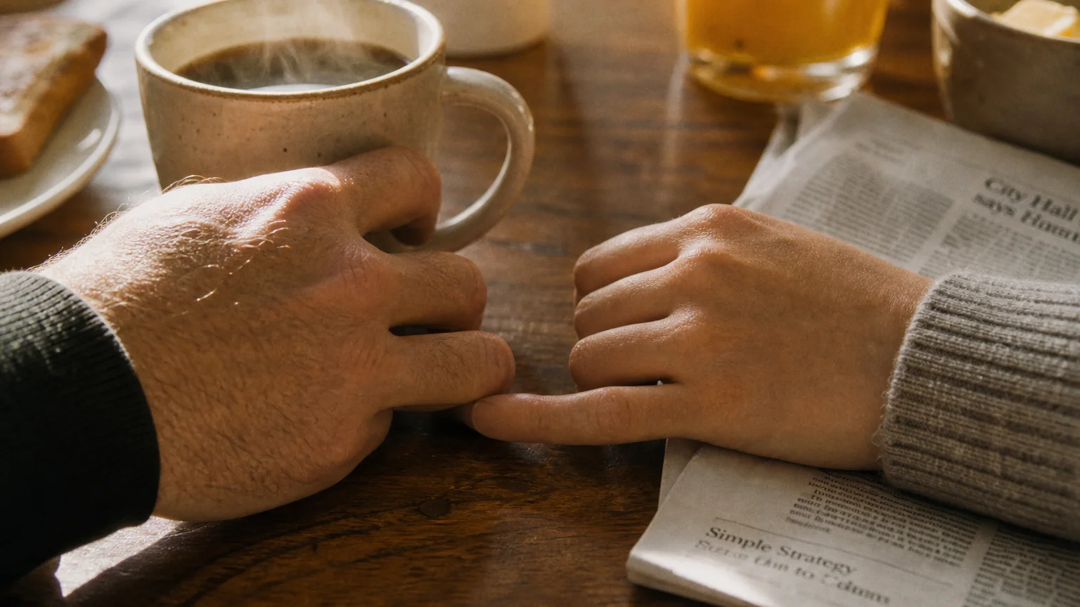 A close-up of two hands briefly touching on a wooden table next to a steaming cup of coffee in morning light.