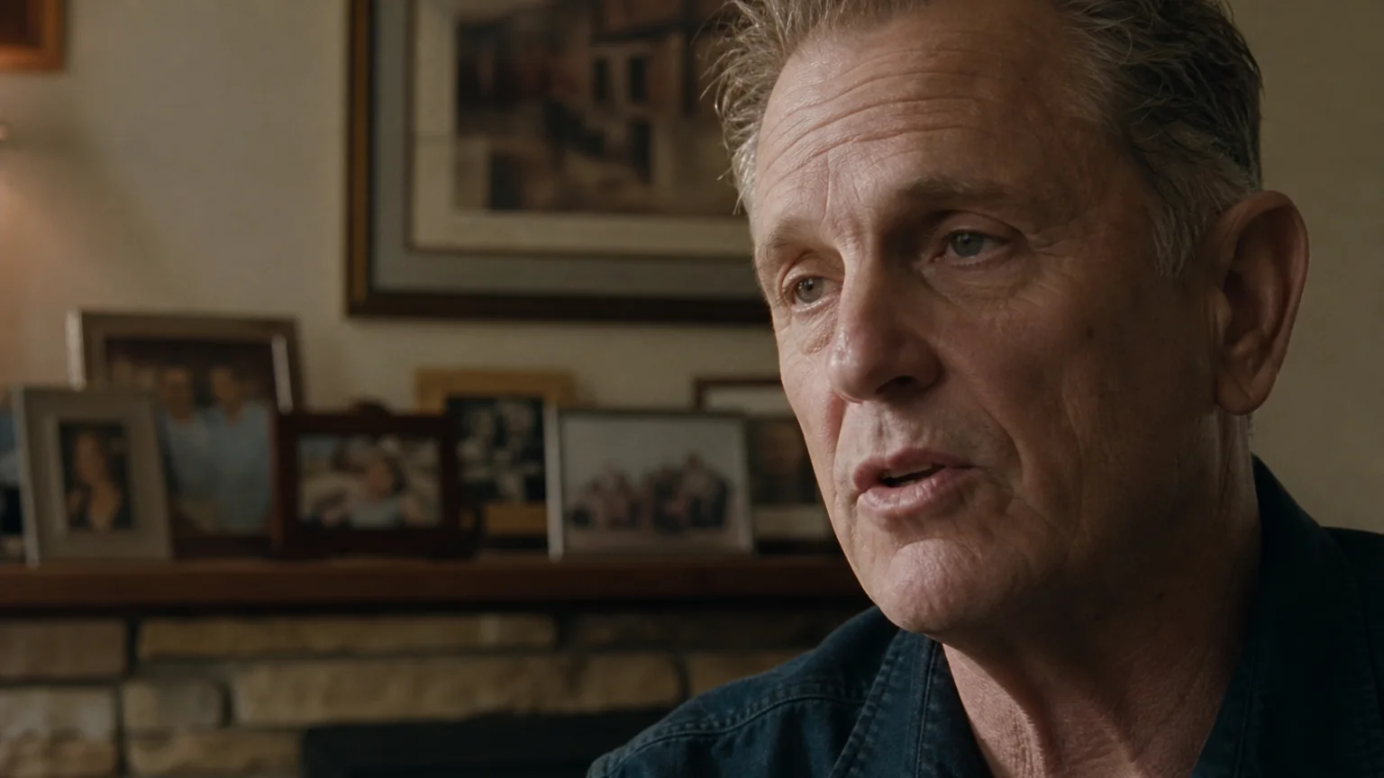 A close-up photo of a man speaking with a flat, emotionless expression in his eyes, contrasting with his active mouth.
