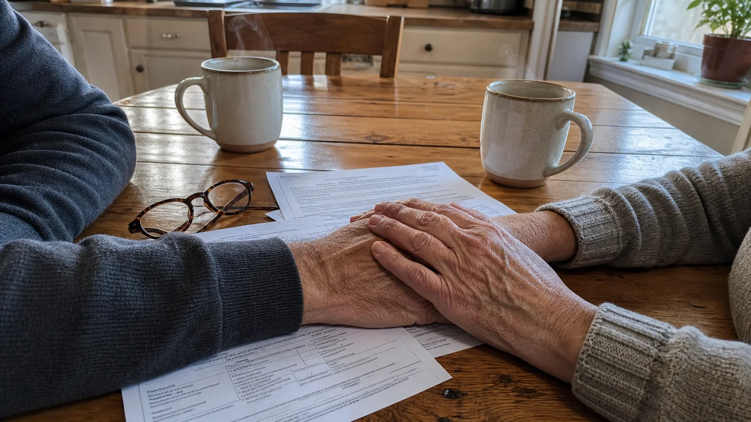 A close-up photo of two mature hands clasped together over paperwork on a kitchen table, symbolizing partnership during stress.