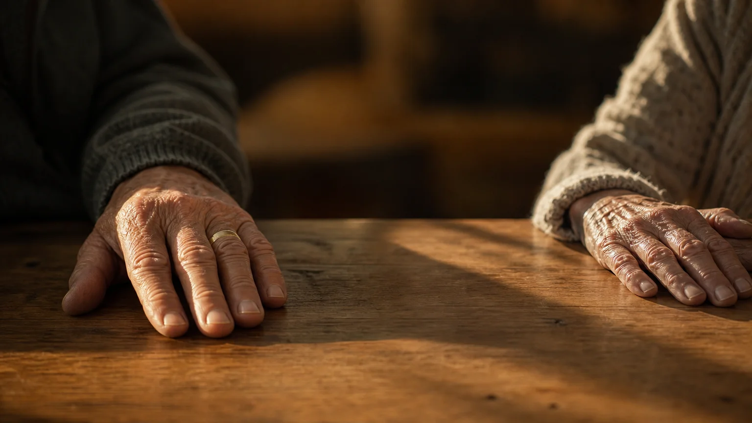 A close-up photograph of two older hands resting near each other on a wooden table, showing a small gap between them.