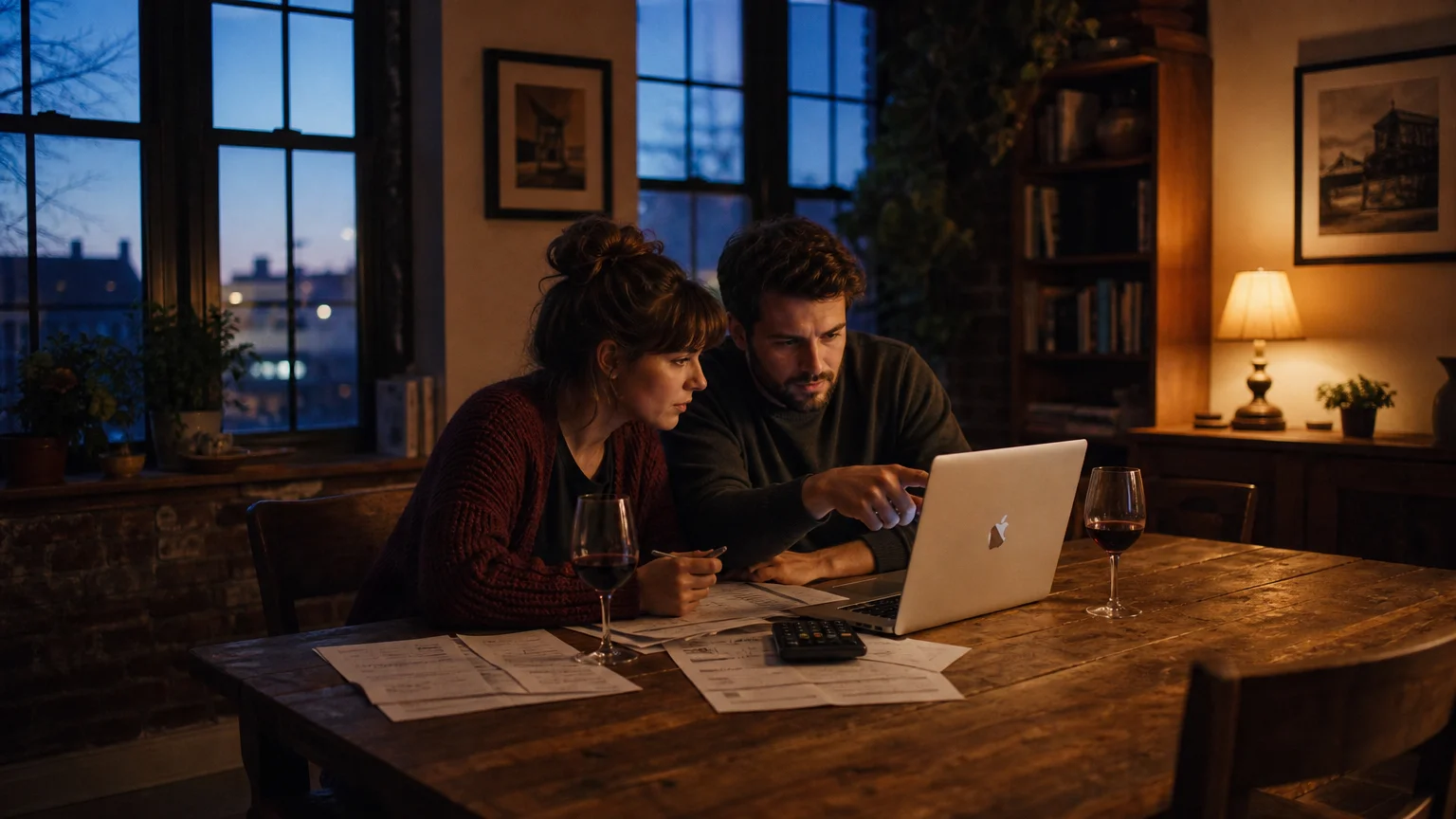 A couple sits at a wooden table with a laptop and financial statements, engaged in a focused, calm discussion.