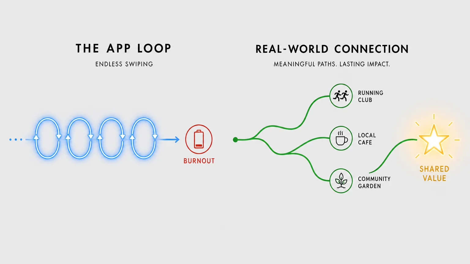A diagram comparing the repetitive loop of endless app swiping to the direct path of real-world activities and connection.