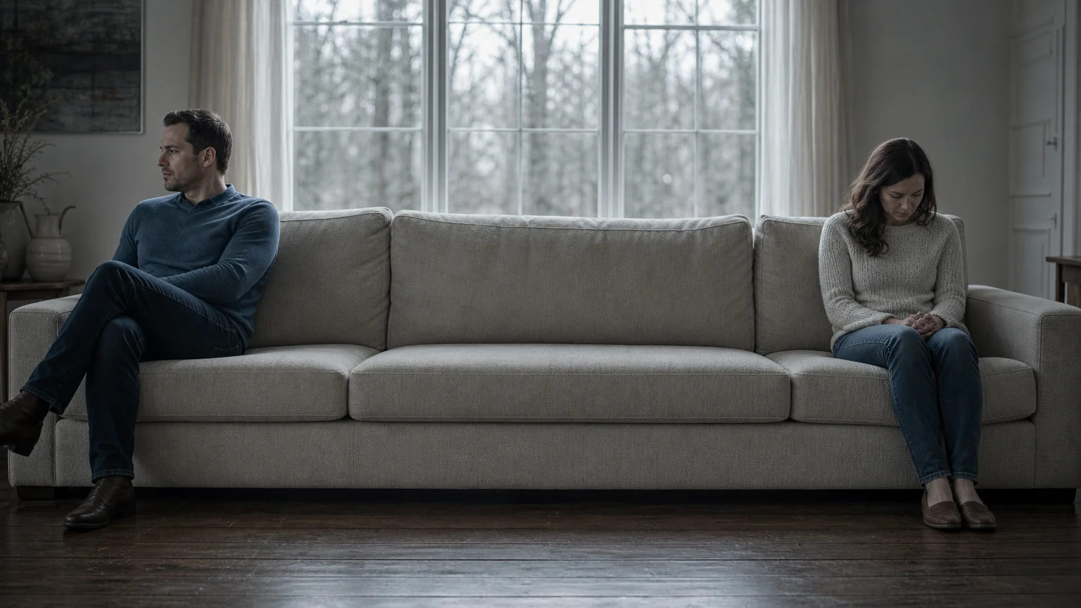 A husband and wife sit on opposite ends of a long sofa, turned away from each other with a large empty space between them.