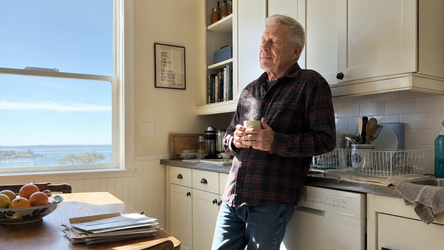 A man standing alone in a bright kitchen, looking peaceful and relieved, representing the clarity found when imagining a life alone.