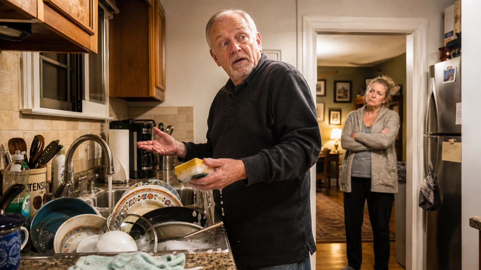 A man stands helplessly in front of a sink of dirty dishes holding a sponge, while his wife watches from the doorway, looking exhausted.