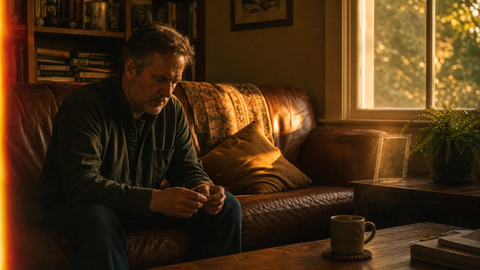 A mature man sits quietly on a leather sofa next to an empty space illuminated by warm sunset light, reflecting on the past.