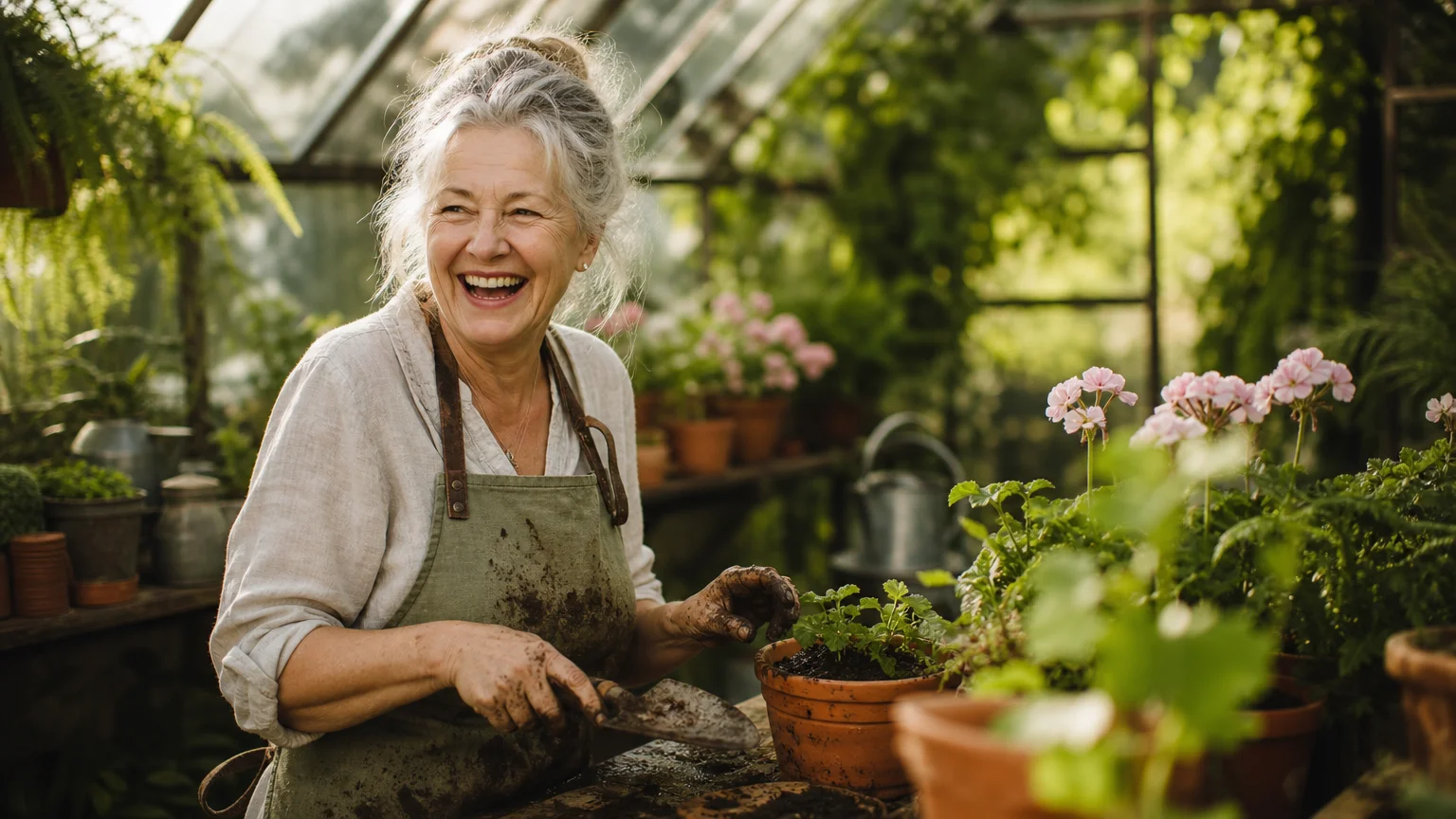 A mature woman laughs joyfully while gardening in a sunlit greenhouse, embodying genuine contentment in her single life.