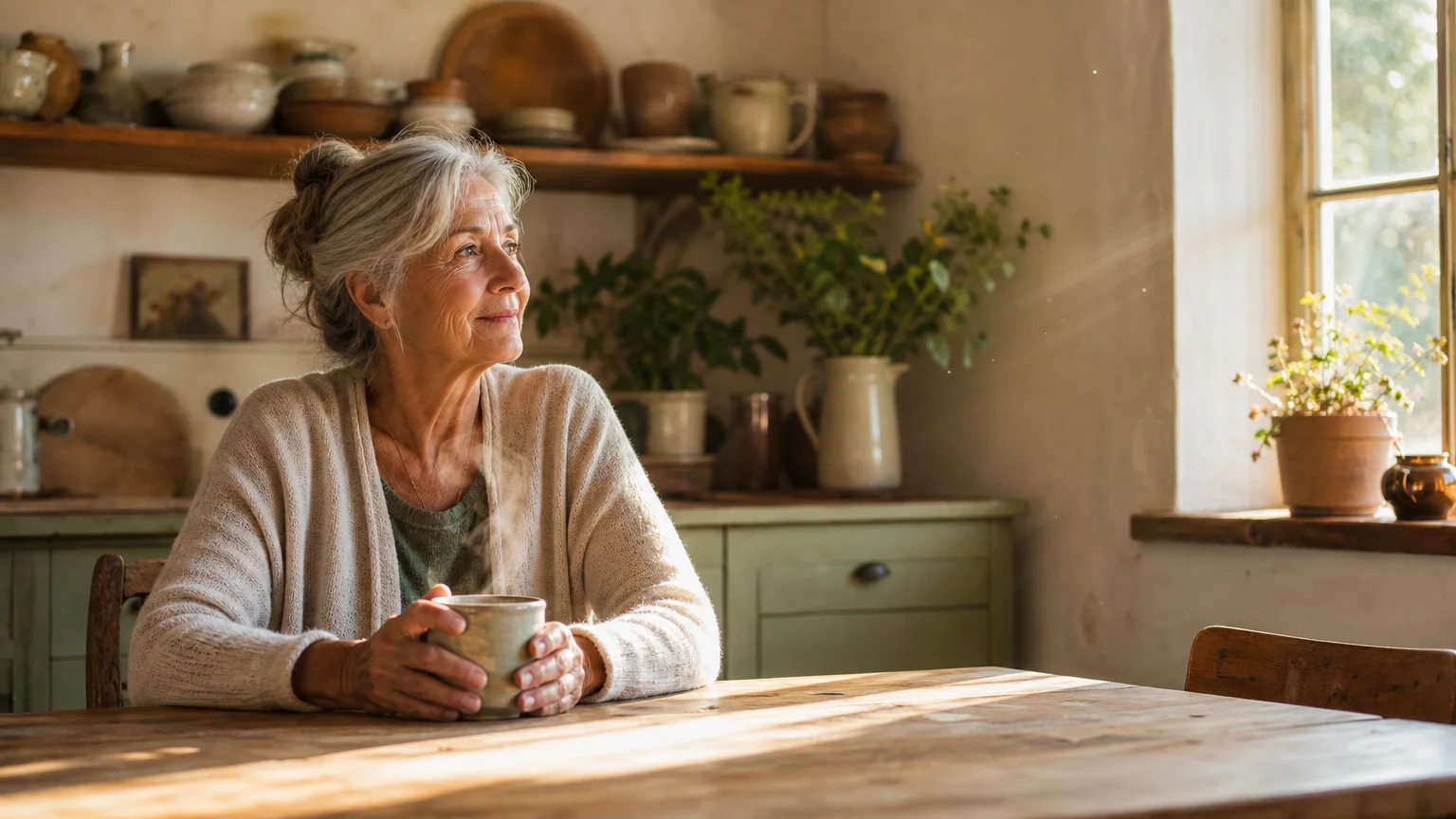 A mature woman sits thoughtfully by her sunlit kitchen window next to an empty space at the table, reflecting a quiet openness to love.
