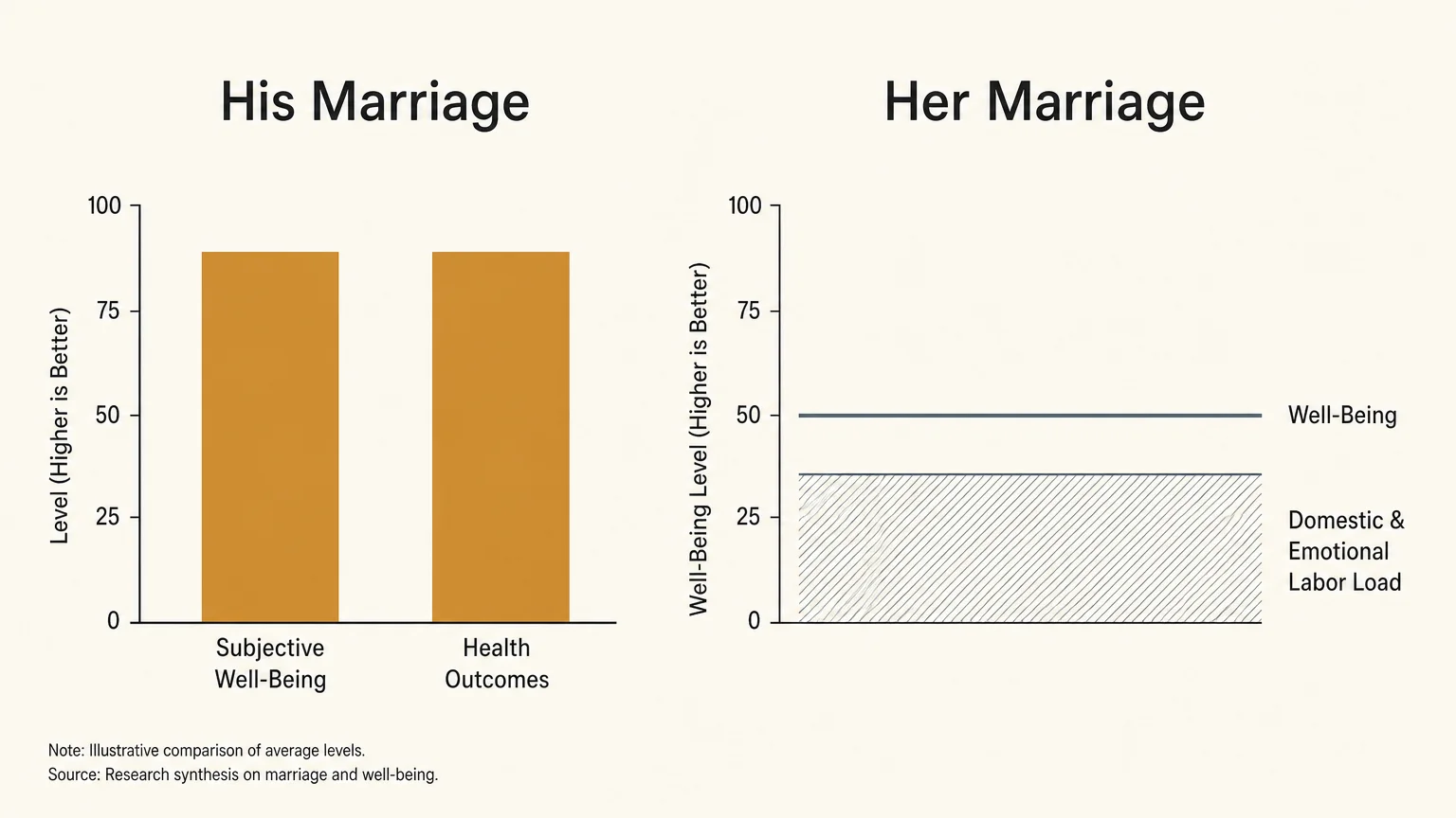 A minimalist comparative diagram comparing 'His Marriage' metrics with 'Her Marriage' metrics, focusing on well-being and labor.