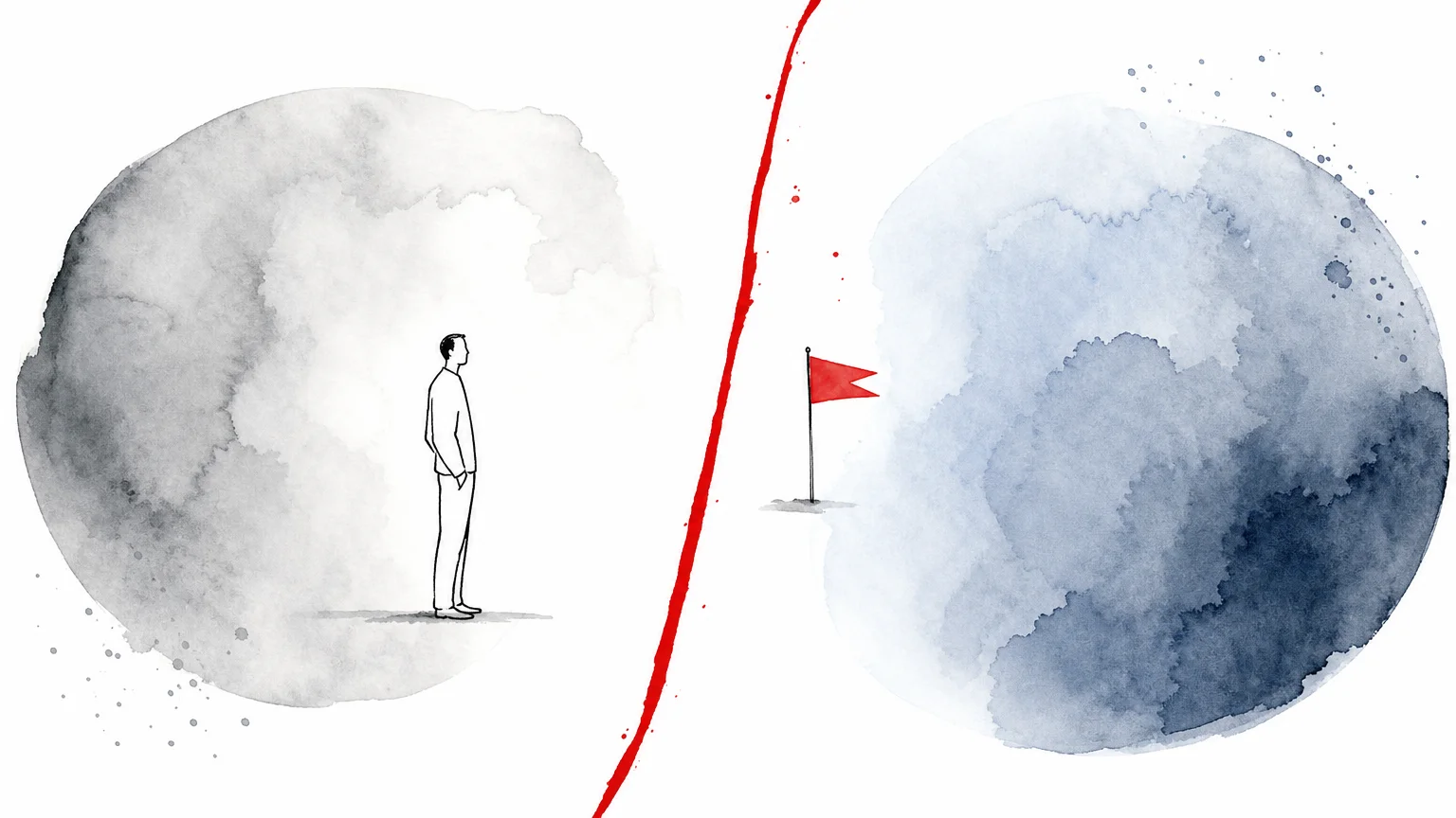 A minimalist illustration showing a sharp red line acting as a boundary between two soft watercolor shapes.