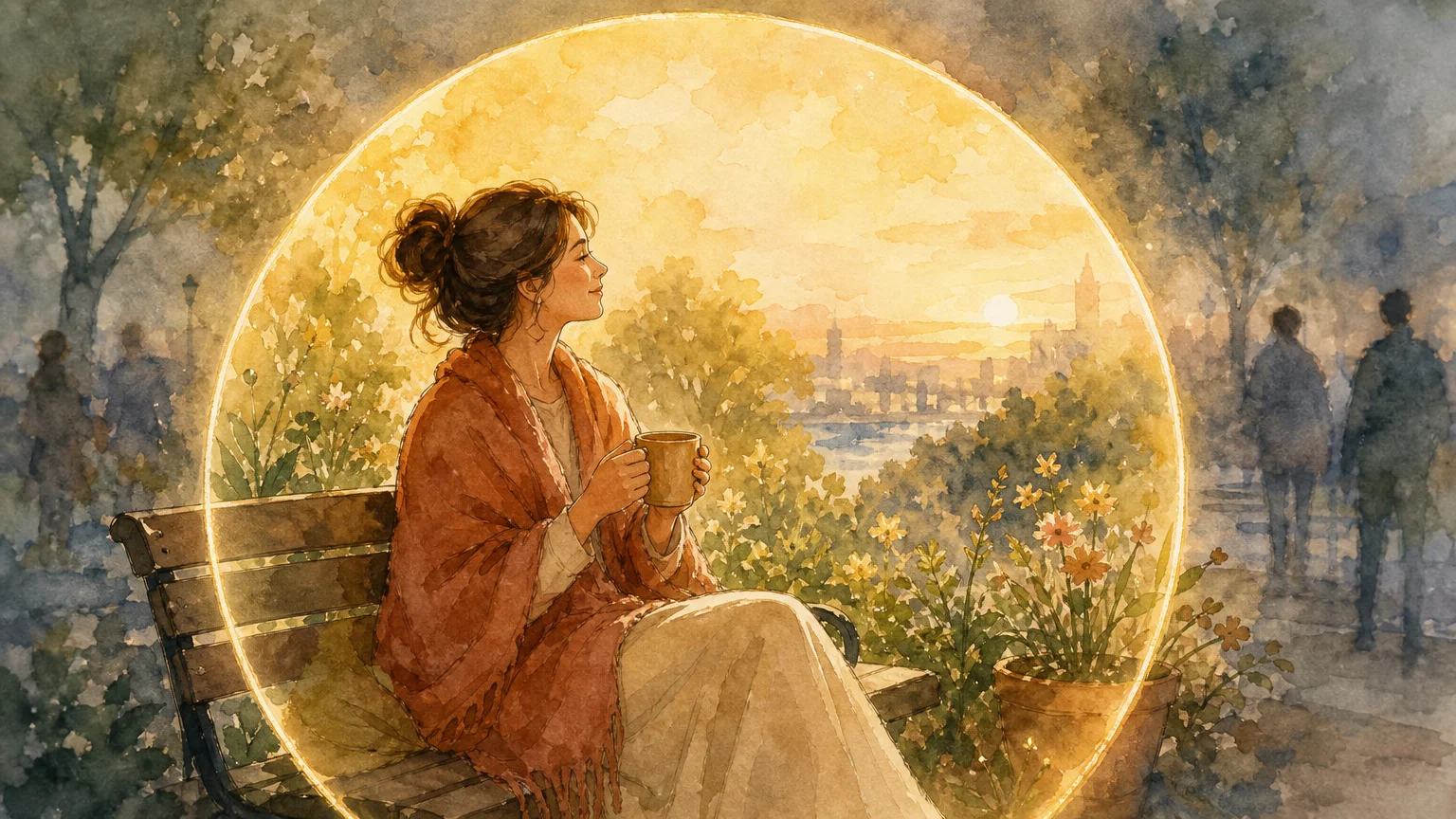 A peaceful watercolor of a woman sitting within a glowing golden circle, representing the protection of her mental health and boundaries.