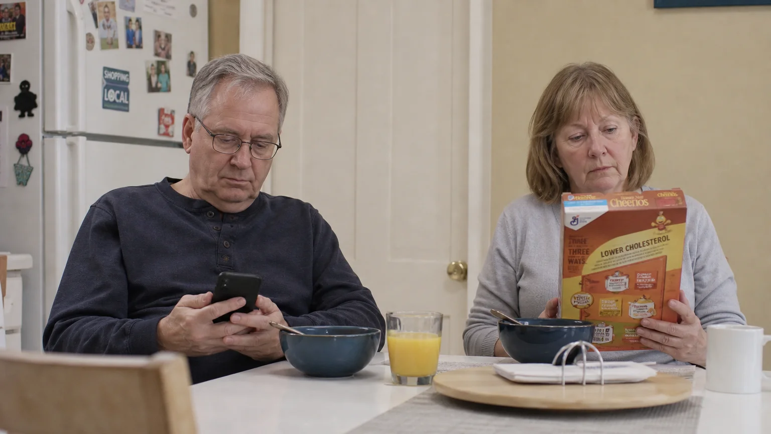 A photograph of a couple eating breakfast in silence, neither looking at the other, representing the final stage of indifference.
