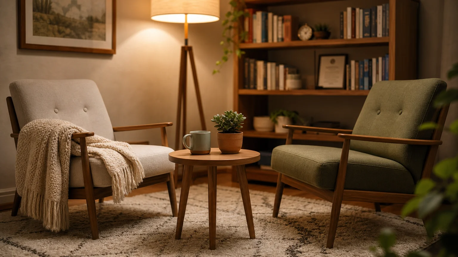 A quiet, warm therapy room with two comfortable armchairs facing each other, creating a safe and inviting space.