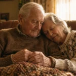 A senior couple sits closely on a sofa in a sunlit room, holding hands in a quiet moment of affection.