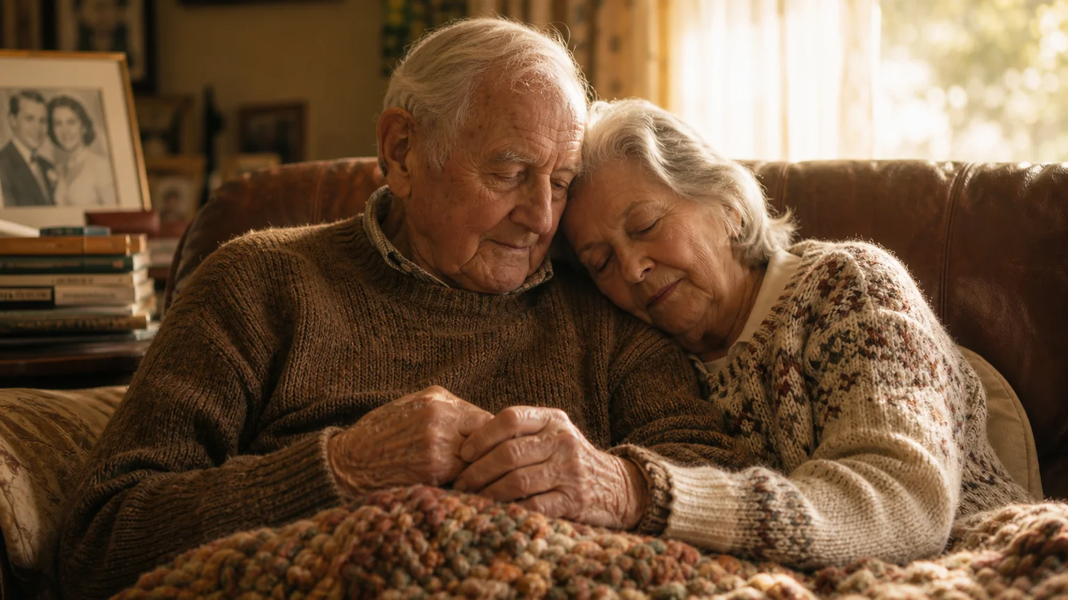 A senior couple sits closely on a sofa in a sunlit room, holding hands in a quiet moment of affection.
