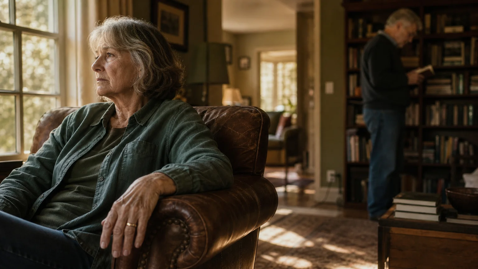 A senior couple sitting in the same room but looking in opposite directions, illustrating emotional distance and a fractured bond.