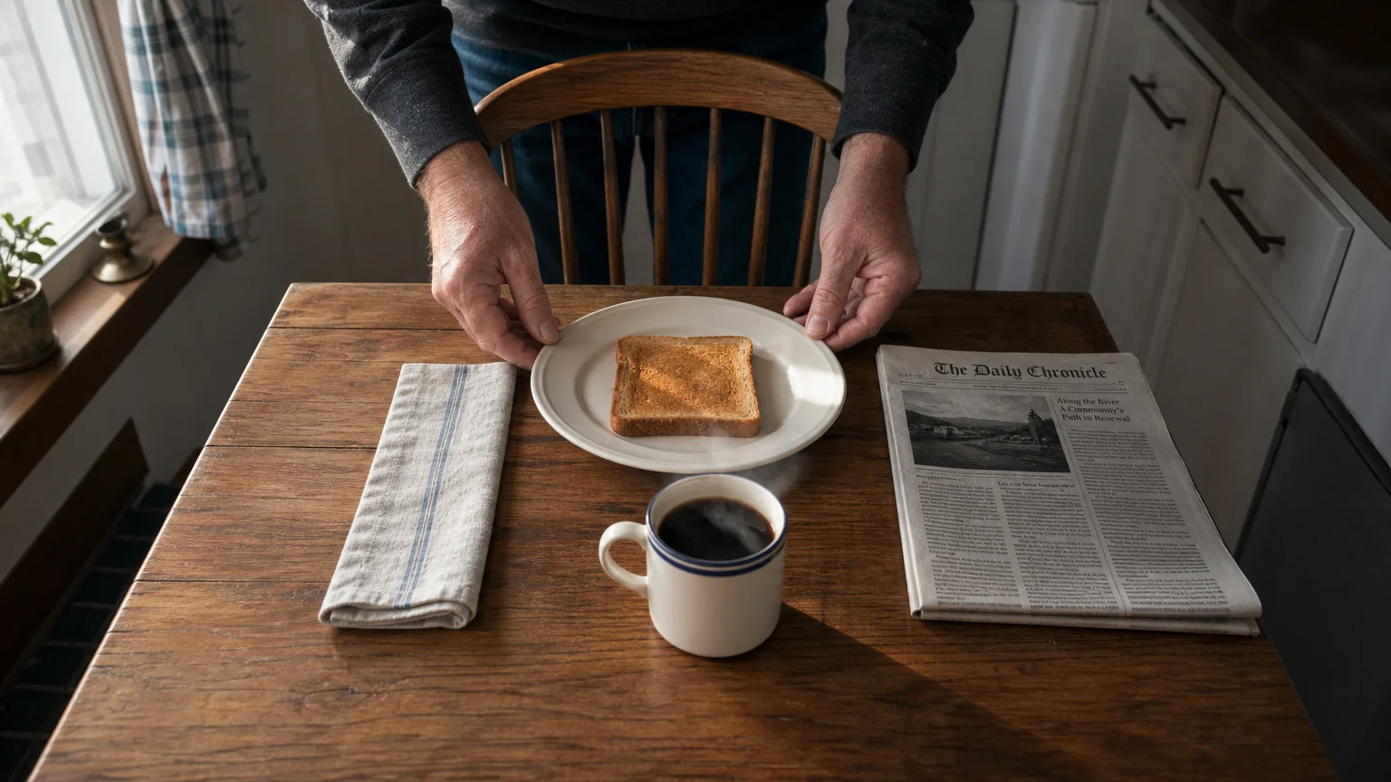 A top-down snapshot of a single person's highly structured morning routine, setting a table precisely for one.