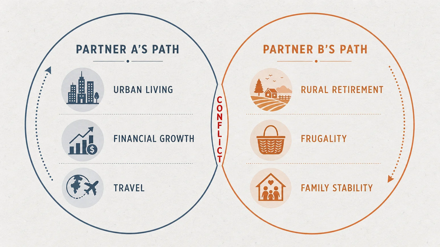 A Venn diagram where the two circles are moving away from each other, showing the lack of common ground in core life values.