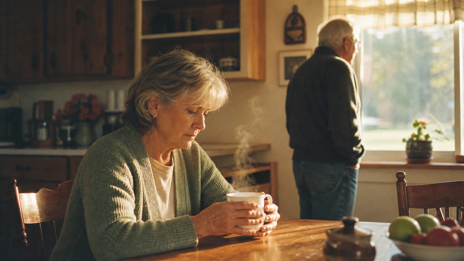 A warm film photo of an older couple in a sunlit kitchen, sitting in quiet, thoughtful silence with a slight physical distance.
