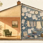 An editorial illustration of a house split in two, showing one calm room and one room filled with a gentle storm of mental tasks.
