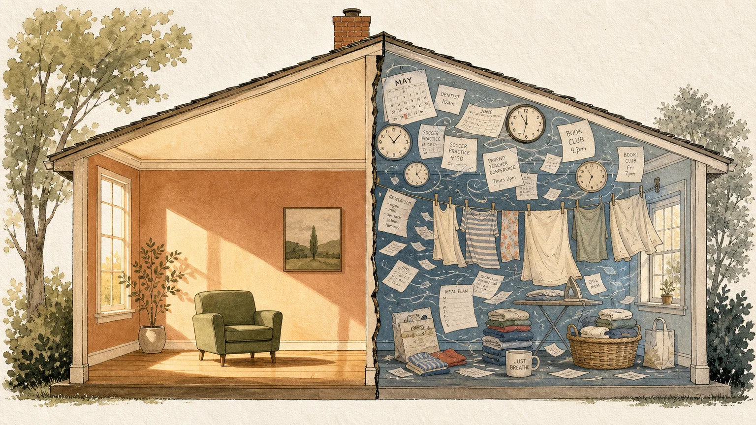 An editorial illustration of a house split in two, showing one calm room and one room filled with a gentle storm of mental tasks.