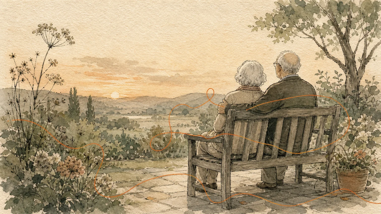 An editorial ink and watercolor illustration of an older couple sitting together on a garden bench with a warm thread looping around them.