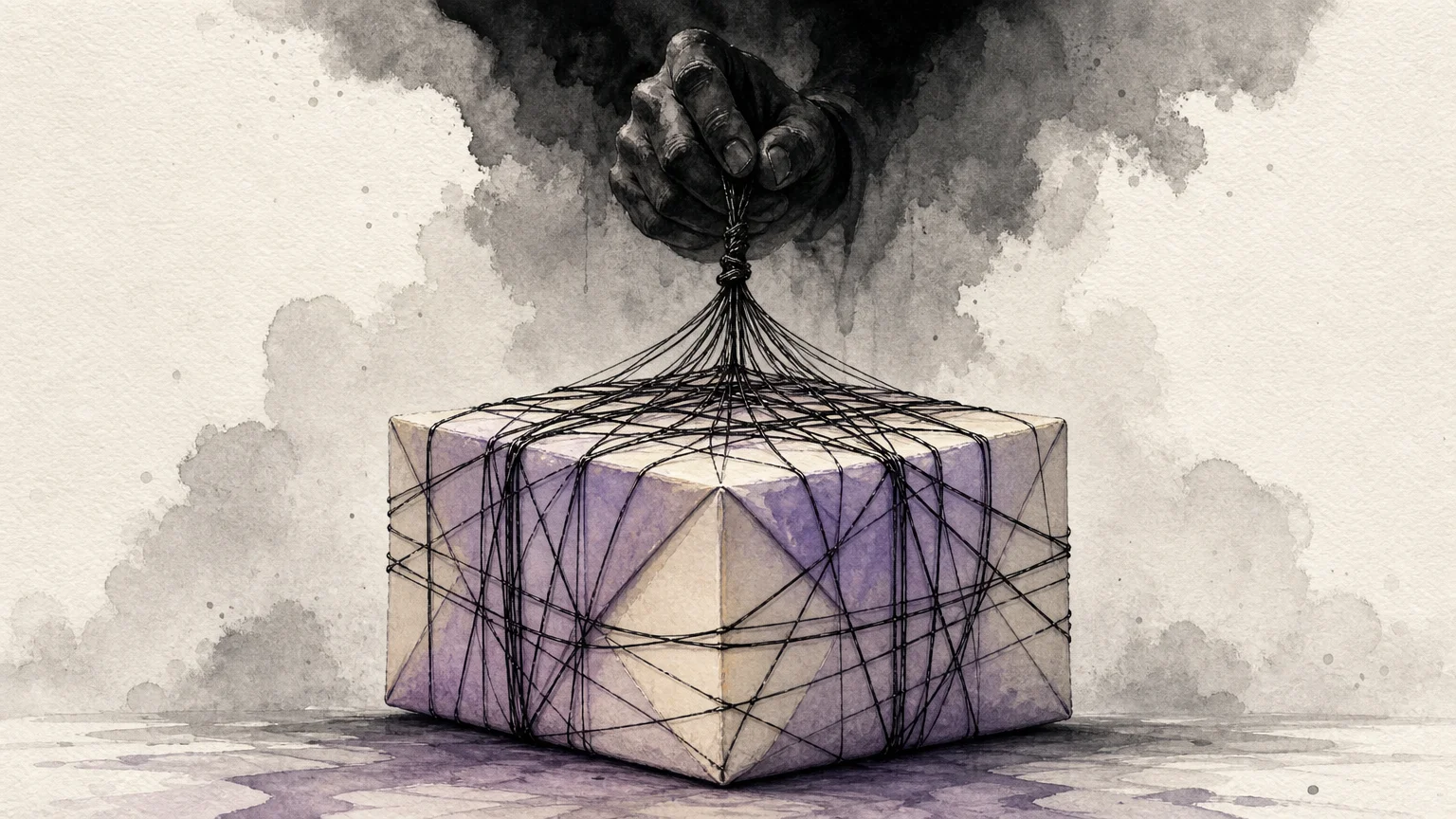 An illustration of a beautiful gift box tied up in complex black strings that lead up to a shadowed hand controlling them.