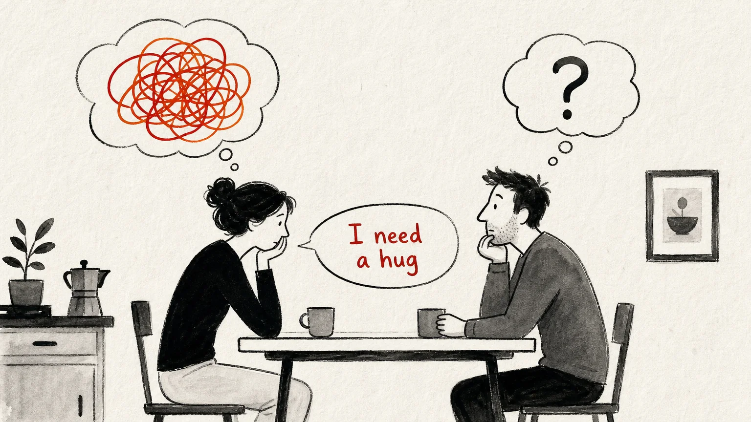 An illustration of a couple at a table where one's complex thoughts are simplified into a clear speech bubble saying 'I need a hug.'