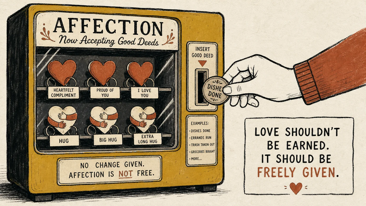 An illustration of a hand putting a coin labeled 'Errands Run' into a machine to receive a heart symbol.