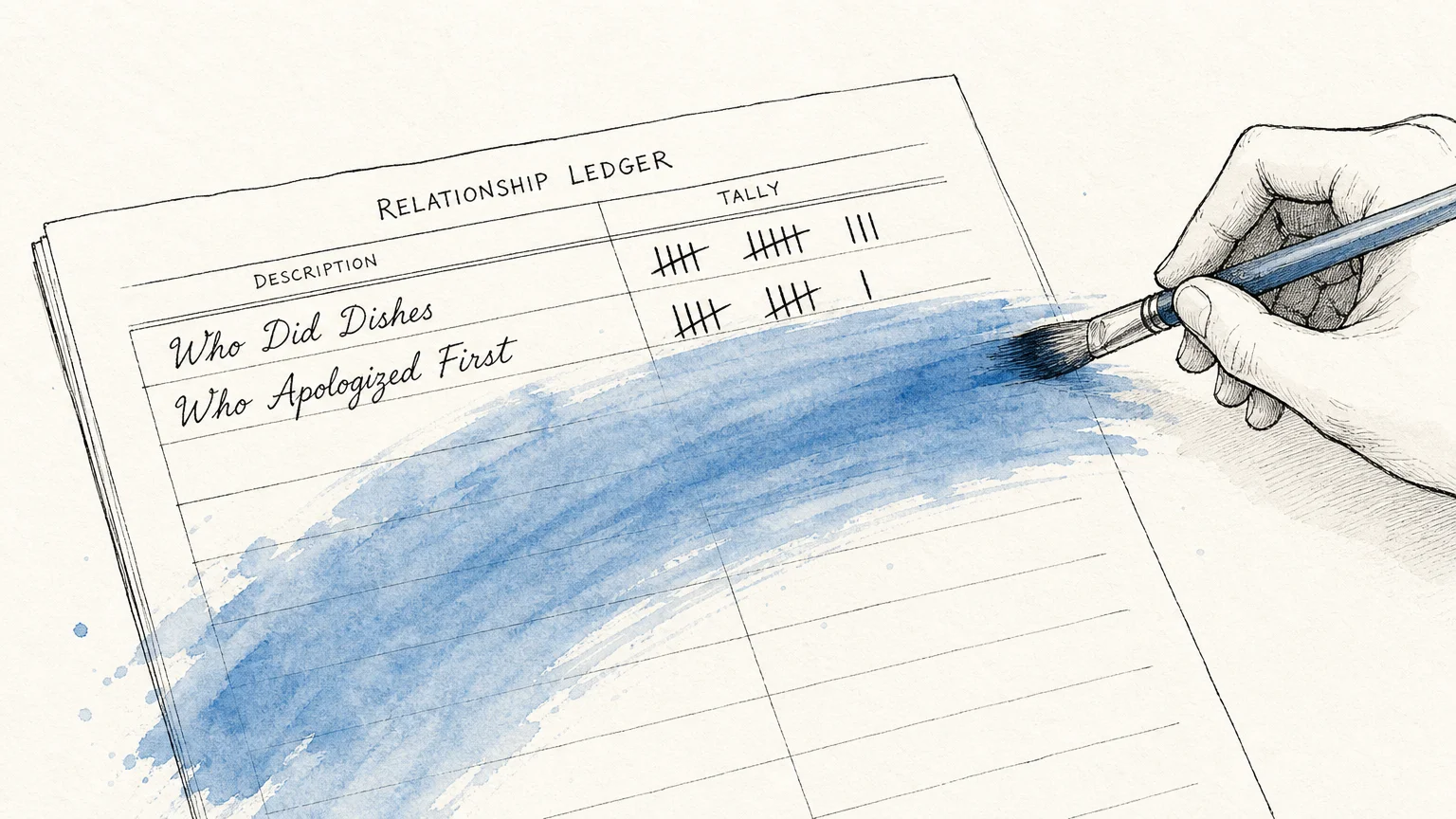 An illustration of a hand using a blue watercolor wash to erase a ledger labeled 'Who Did Dishes' and 'Who Apologized First.'