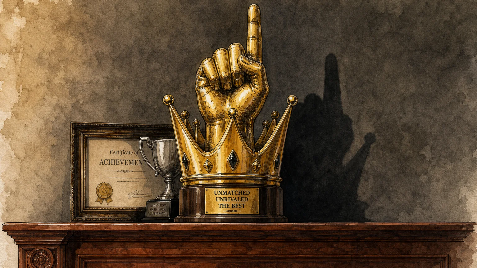 An illustration of a massive golden trophy on a shelf completely blocking a smaller, modest certificate of achievement from view.