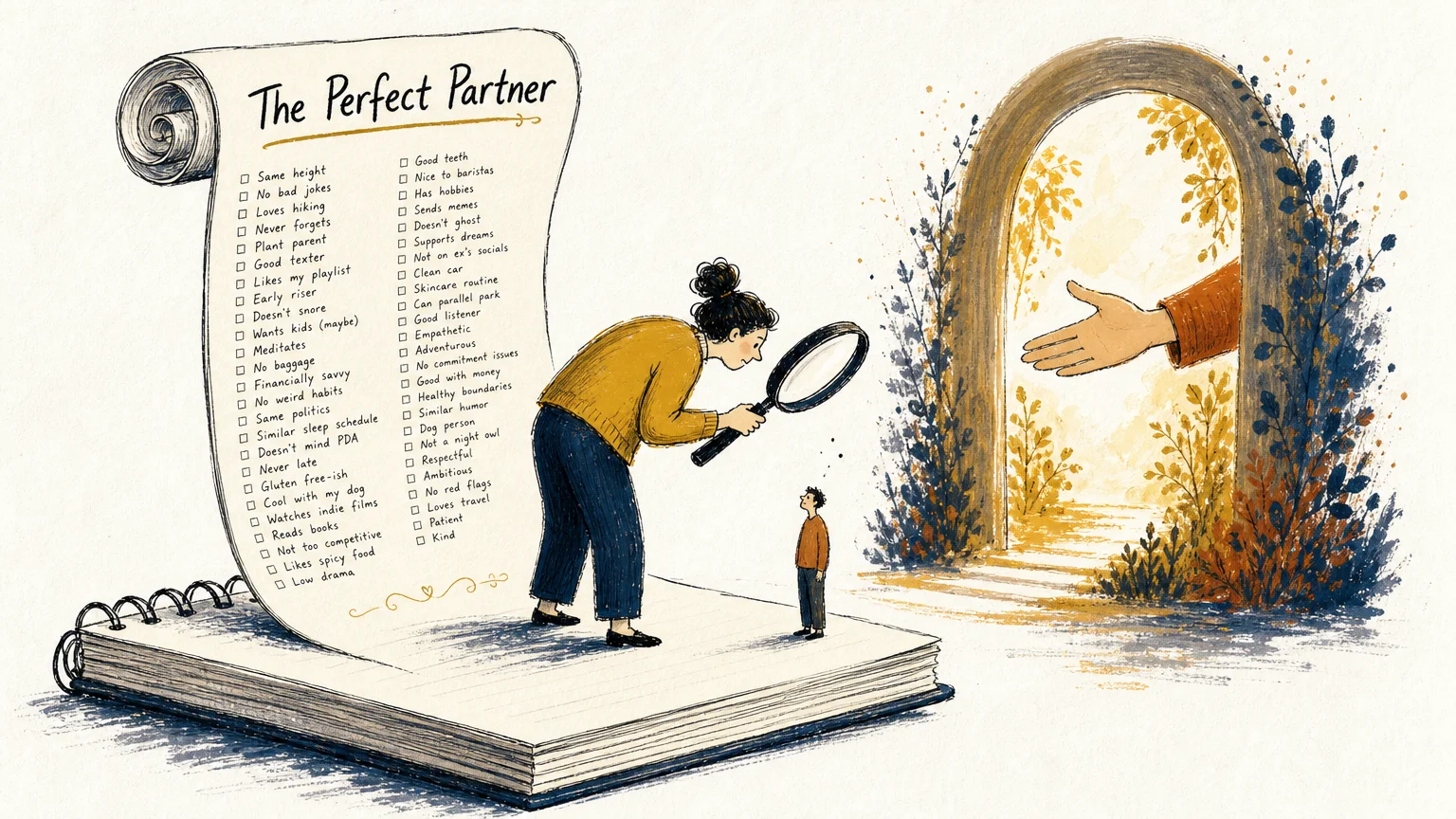 An illustration of a person examining a long checklist with a magnifying glass, missing a warm, welcoming archway nearby.