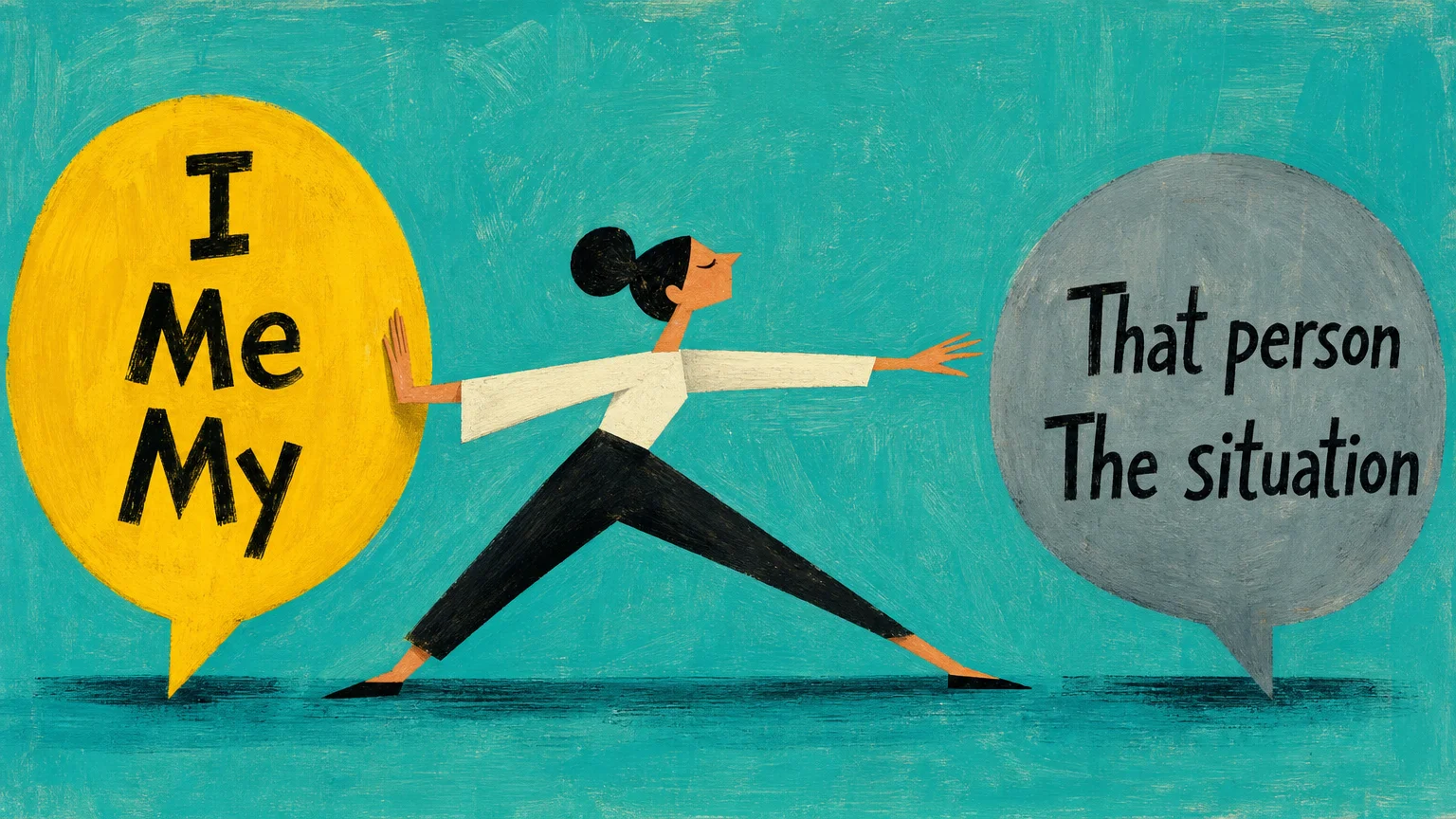 An illustration of a person pushing away the pronouns 'I' and 'Me' while reaching for distant, vague labels like 'That person'.