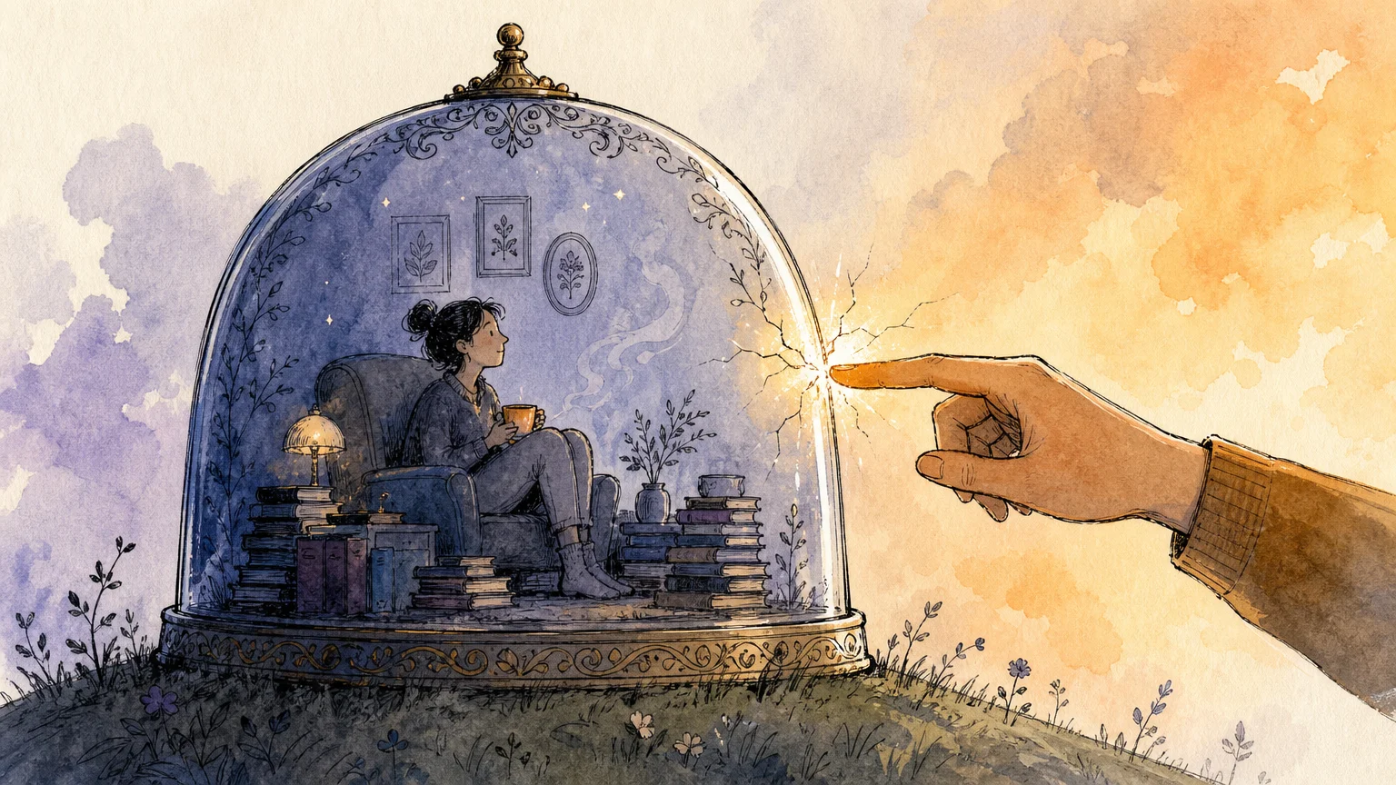 An illustration of a person sitting safely inside a glass dome while a warm hand gently taps on the exterior, cracking the barrier.