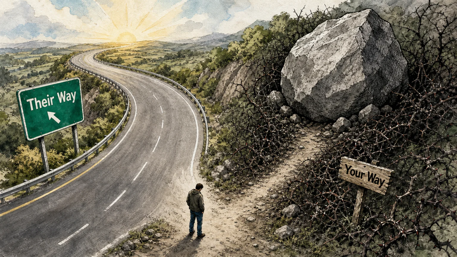 An illustration of a split road where 'Their Way' is a smooth highway and 'Your Way' is a crumbling path blocked by a giant boulder.