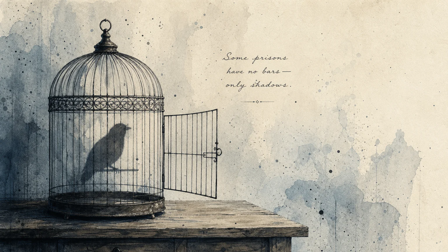 An illustration of an open birdcage where a bird's shadow remains trapped inside, hesitant to step out.