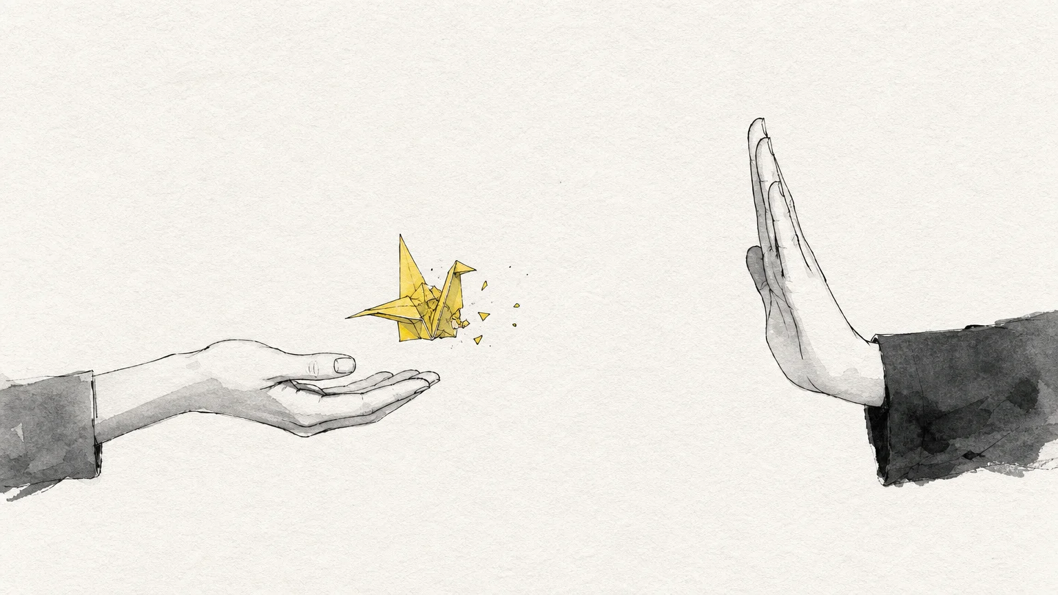 An illustration of one hand offering a yellow paper bird while another hand pushes it away, symbolizing a rejected attempt at reconciliation