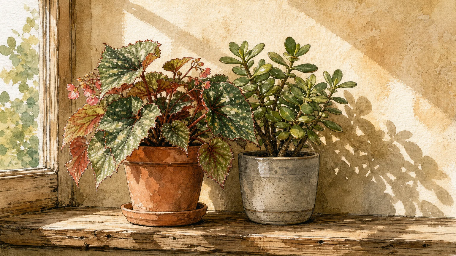 An illustration of two distinct potted plants on a windowsill, their leaves gently touching, symbolizing individual growth together.
