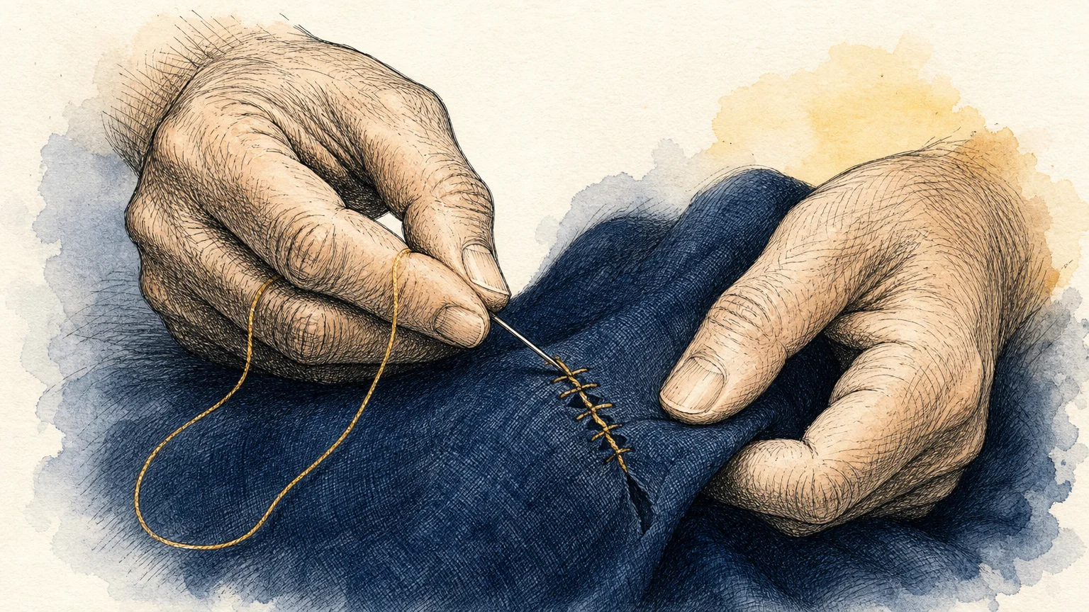 An illustration of two hands carefully sewing a tear in blue linen fabric using golden thread, representing healing and repair.