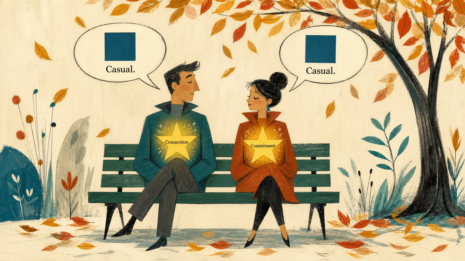 An illustration of two people on a bench speaking of casual dating while secretly harboring desires for commitment.