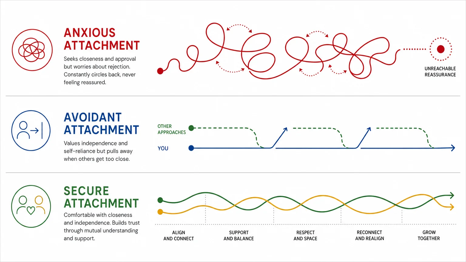 An infographic depicting three attachment styles—anxious, avoidant, and secure—using simple, flowing colored lines.