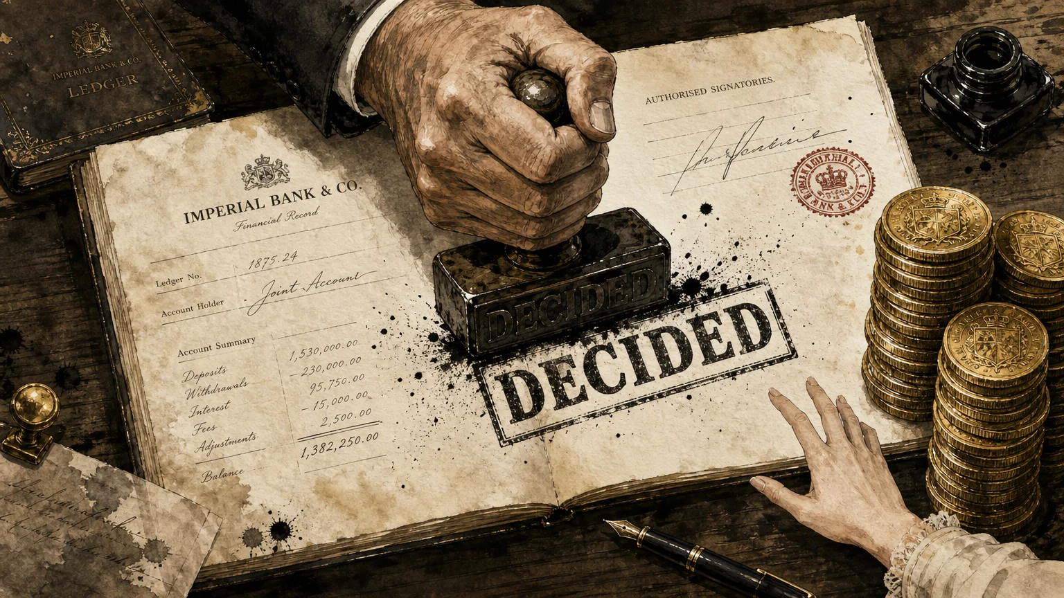 An ink and watercolor illustration of a large hand stamping 'DECIDED' on financial documents while a smaller hand is blocked by gold coins.