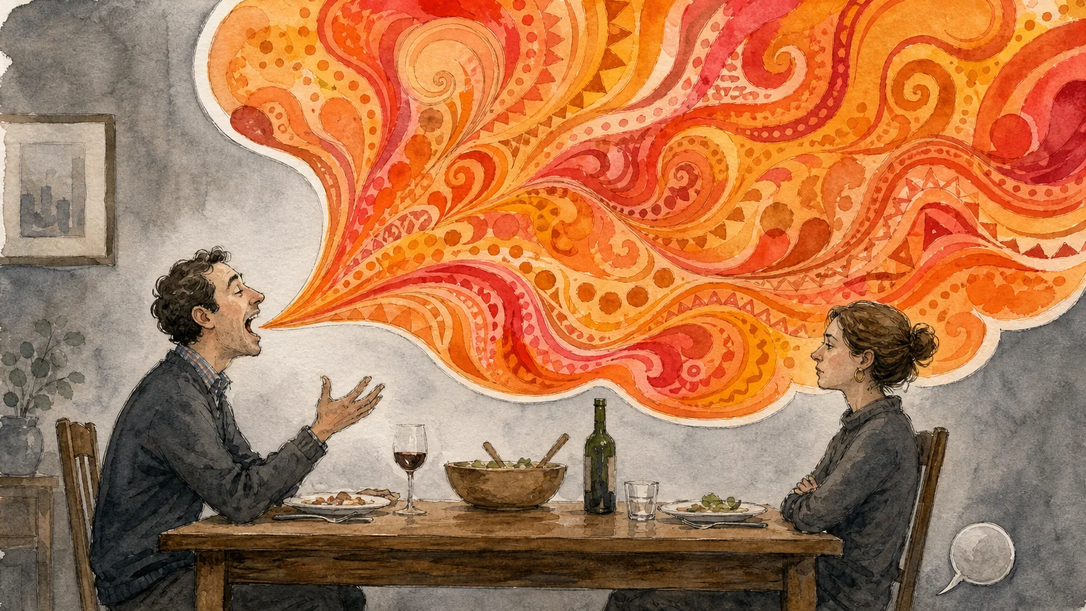 An ink and watercolor illustration of a man with a massive, colorful speech bubble crowding out a woman's tiny, empty gray speech bubble.